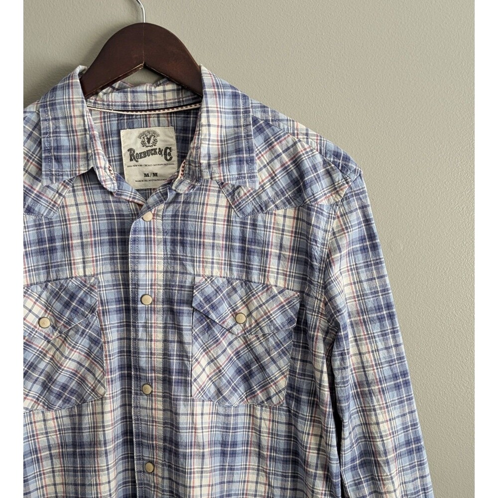 Roebuck & Co Mens Medium M Blue Plaid Western Pearl Snap Shirt Cowboy Workwear